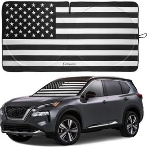 American Flag Windshield Sun Shade, High-Resolution Car Sun Shield with Mirror Cut-Out for Automotive Interior Sun and Heat Protection, Folding Sunshade with Storage Bag - Medium, Black & White