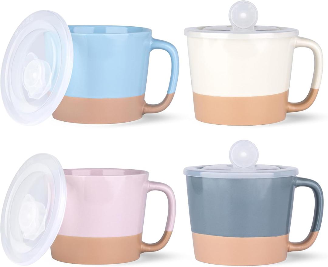 AmorArc 24 Ounces Soup Bowls with Large Handles and Lids, Stoneware Bowls for Soup, Cereal, Stew, Noodle, Colourful Ceramic Kitchen Bowls, Microwave & Dishwasher Safe (Multi-Color2, Set of 2)
