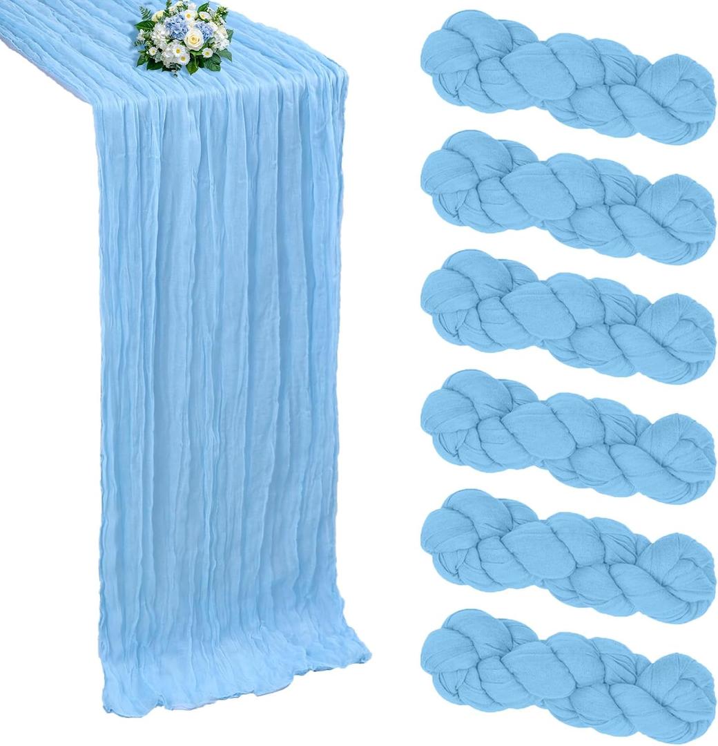6 Pack Baby Blue Cheesecloth Table Runner 10FT Boho Cheese Cloths Gauze Fabric Table Runners 120 Inch Rustic Sheer for Spring Wedding Birthday Party Baby Shower Holiday Home Decorations