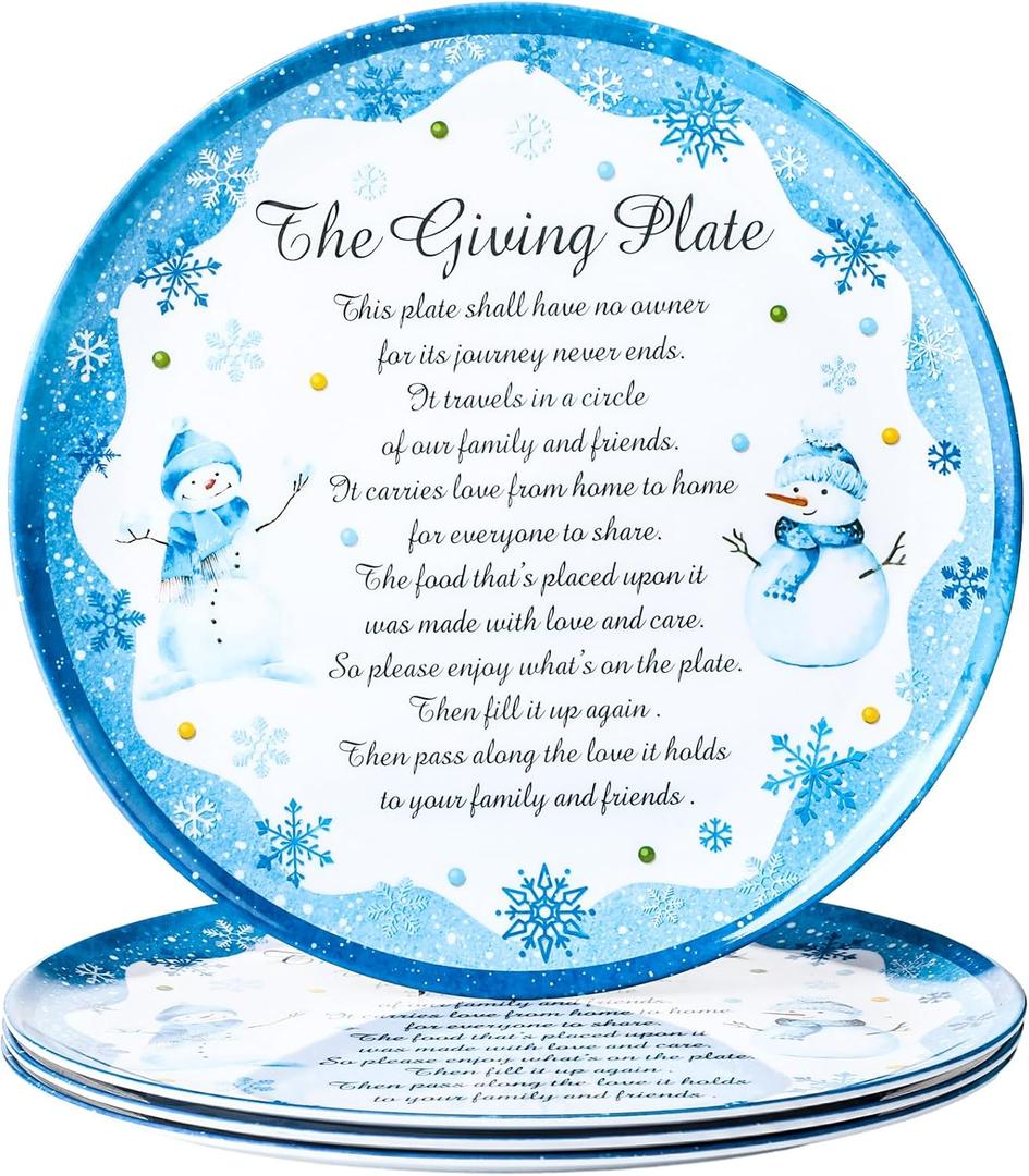 Sliner Set of 4 Christmas Giving Plates 10 x 10 Inch Snowman Plates with Snow Trim and Warm Words Holiday Decorative Plate for Sharing Love and Treats Xmas Gifts
