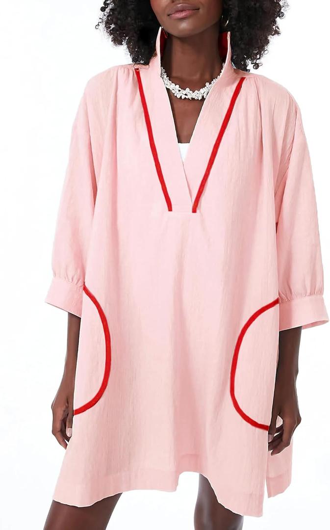 Ailoqing Swimsuit Coverup Womens V Neck 3/4 Sleeve Casual Shirt Dress with Pockets (Medium, Pink)