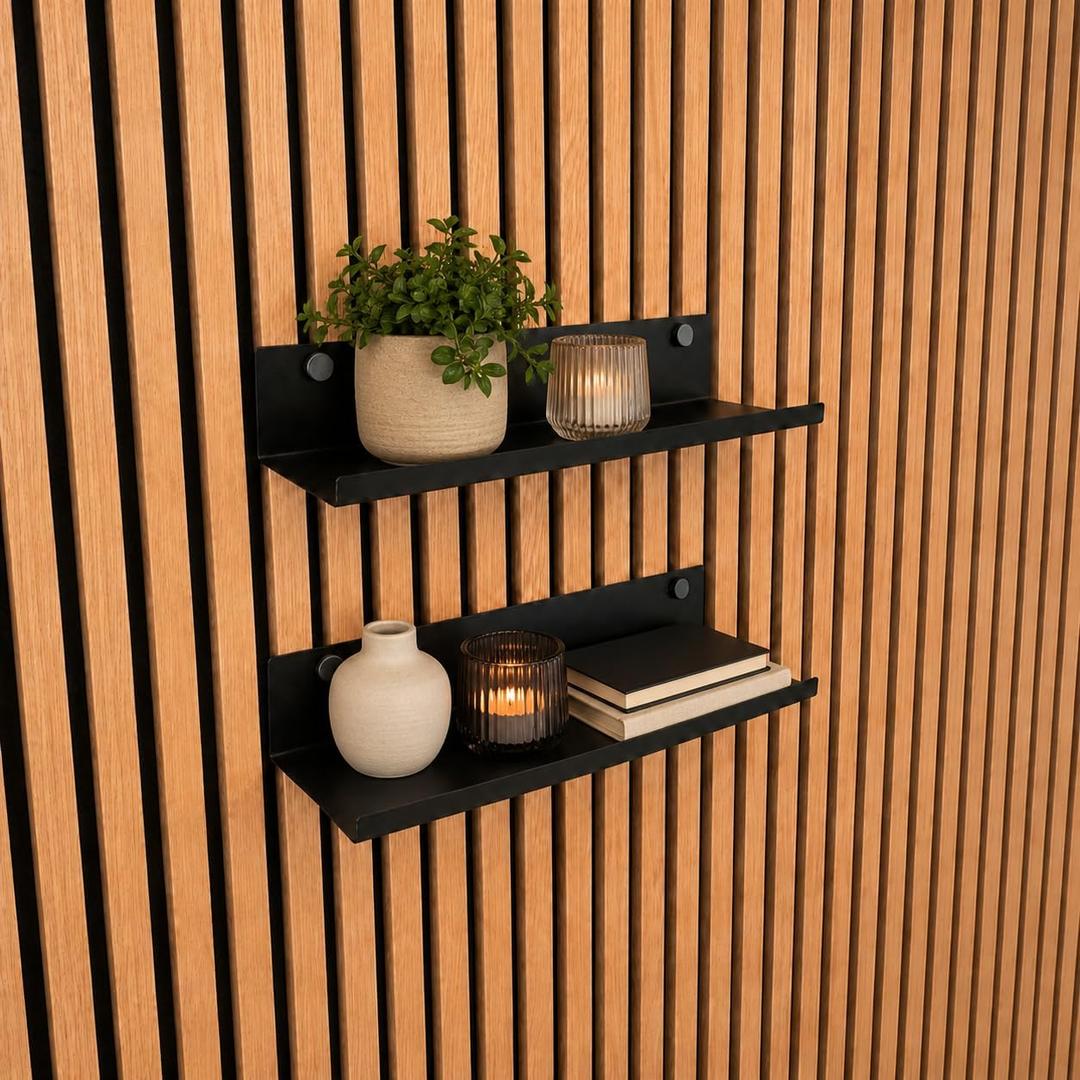 Acoustic Panel Shelf 20” – No Drill Slat Wall Mount Shelf for Wood Panels – Fits 0.5–0.6” Slat Spacing – Includes Clips & Screws – Heavy Duty Metal Shelf – Black - 2-Pack, 2 Pack Large