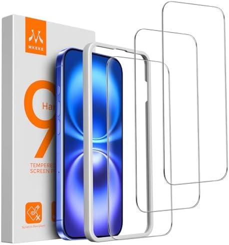 Mkeke 3 Pack Screen Protector for iPhone 16/ iPhone 15 6.1", [9H+ Tempered Glass] [Easy Installation Frame][Military-Grade Drop Protection] HD Clear, Anti-Scratch, Bubble Free Pack of 2