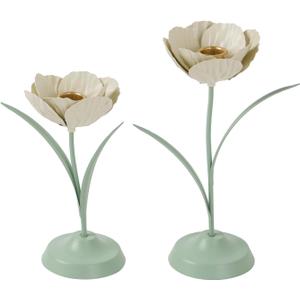 NIKKY HOME Tulip Taper Candle Holders Set of 2, Vintage Elegant Flower Shaped Metal Candlestick for Table Centerpieces, Spring Wedding Decor and Dinner Party, White & Green