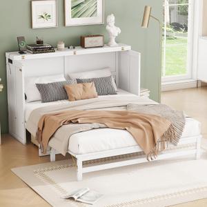 Ball & Cast Murphy Bed Queen W/Storage Drawer, Cabinet Bed W/ 2 2 USB Port & Power Outlets, Wall Bed Frame for Home Office, Apartment, Guest Room, White