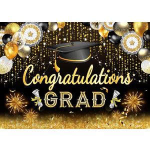 7x5ft 2025 Graduation Party Backdrop -Black and Gold Congratulations Grad Banner Backdrop,2026 Graduation Decorations Photo Booth Background