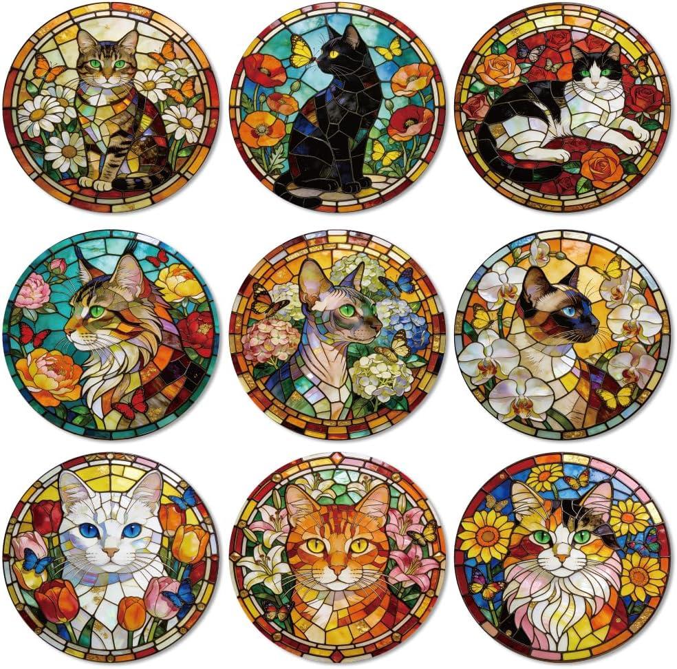 ANATTASOUL Animal Coasters Set of 9 Glass Cats and Flowers Colorful Wooden Coasters Bulk Round Housewarming Gift for New Home, 3.9" Decorative Coffee Table Protection for Farmhouse Bar Decor