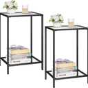 Side Tables Set of 2, End Tables with Tempered Glass, 2-Tier Nightstands with Storage Shelves, Coffee Table with Modern Style, Slim Sofa Table for Living Room, Bedroom, 11.8" D x 15" W, Black