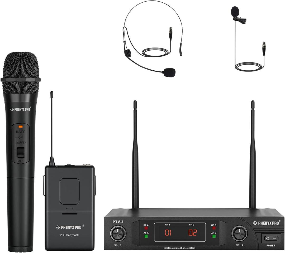Phenyx Pro Wireless Microphone System, VHF Wireless Mic Set with Handheld/Bodypack/Headset/Lapel Mics, Stable Signal, Cordless Microphone for Singing, Karaoke, Church, DJ (PTV-1-1H1B)
