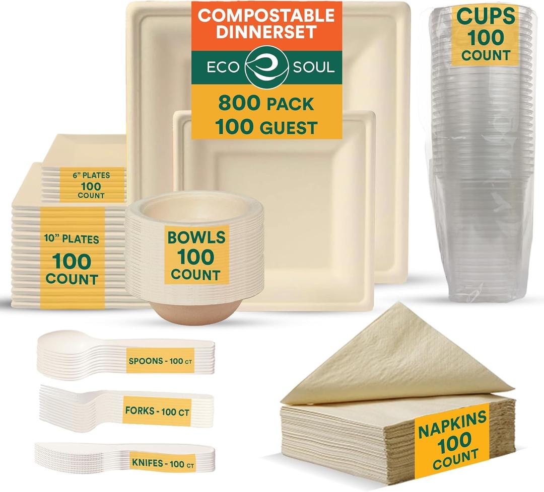 ECO SOUL 800 Pcs Compostable Dinnerware Set For 100 Guests, 100 Pcs Each Of Eco-Friendly White Disposable Paper Plates Of 10"" & 6"", Cutlery, Napkins, 16 oz Bowls & 16 oz Cups Set For Party & Picnic