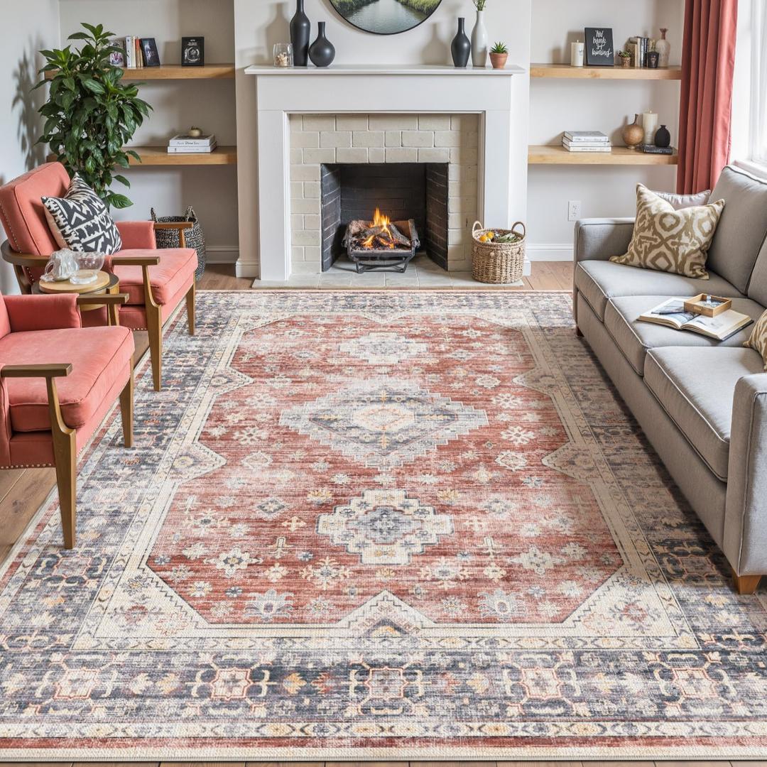 DEXI Area Rugs for Living Room, 8x10 Washable Low Pile Vintage Traditional Rug for Bedroom, Non Slip Large Indoor Carpet for Dining Office Nursery, Orange White