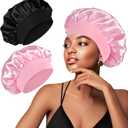 2 Pcs Silky Hair Bonnets - Women's Elastic Band Caps for Curly Hair Care Black+Blush Pink