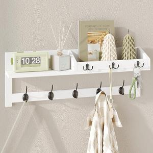 AMBIRD Wall Hooks with Shelf, 26.57 Inch Entryway Wood Coat Hooks for Wall with Shelf, Coat Rack Wall Mount with 5 Dual Hooks 3 Key Hooks Mail Organizer and Key Rack Holder (Brown)