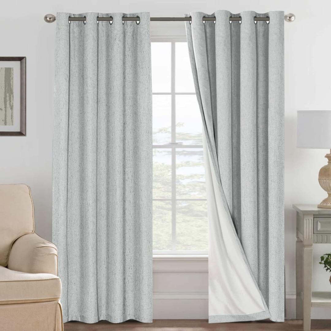 H.VERSAILTEX Linen Curtains 100% Blackout Curtains for Bedroom 102 inch Long Full Light Blocking Nature Linen Blended Window Curtains for Living Room Nickel Grommet (2 Panels, Glacier Gray)