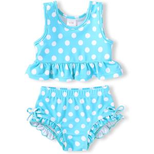 Toddler Girls Swimsuit Outfit Ruffle Floral Sleeveless Bikini Two Piece Bathing Suit for Baby Girl (12-18 Months, Blue)