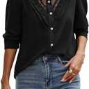 OYOANGLE Women's Lace Sheer Button Down Puff Long Sleeve Blouse Business Casual Dressy Tops (X-Large, Black)