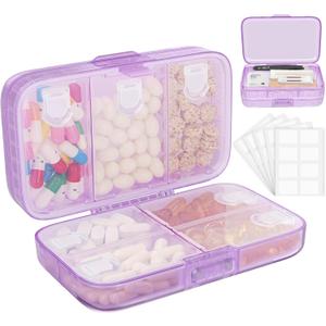 FYY Weekly Pill Organizer with Labels,8 Compartments Travel Daily Pill Case Airtight Moistureproof Large Pill Box to Hold Vitamins, Fish Oil, Supplements,Cotton Swab and Bandages-Purple