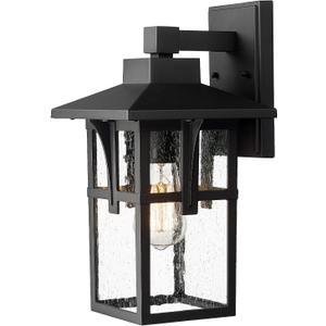 zeyu Farmhouse Outdoor Wall Light, Exterior Wall Sconce Lighting for Front Porch Garage, Die-Cast Aluminum with Seeded Glass, Black Finish, ZX1B BK