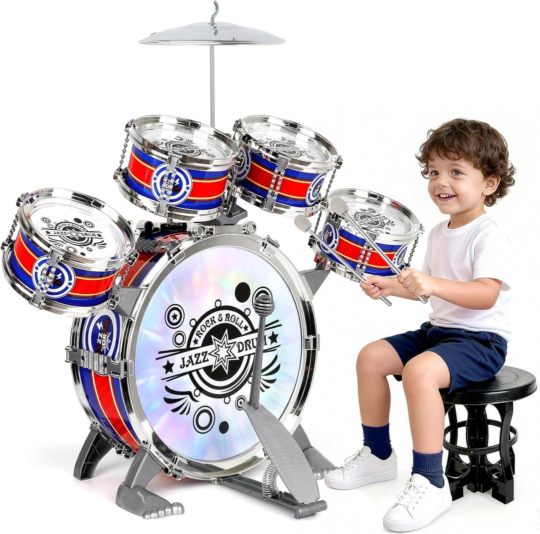Kids Drum Set for Toddlers 13, Light-Up 5pcs Beginner Drum Set with Stool & Cymbal, Musical Drums Toy for Boys Girls Ages 25 Birthday Christmas New Year Valentines Day Gifts