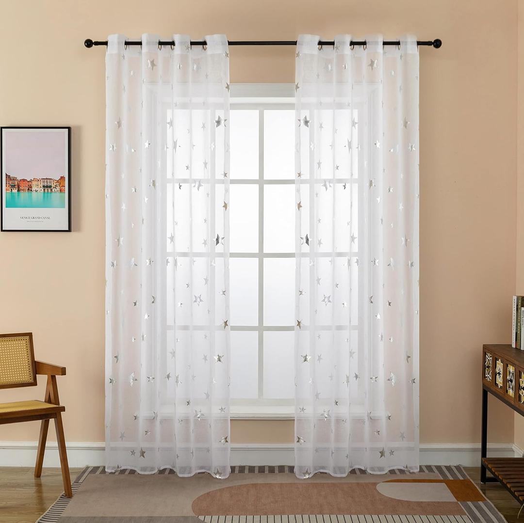  Pair of Recirculating Voile Curtains Silver Stars White Curtain for Indoor with Eyelets 2 Panels 42× 72 Inch