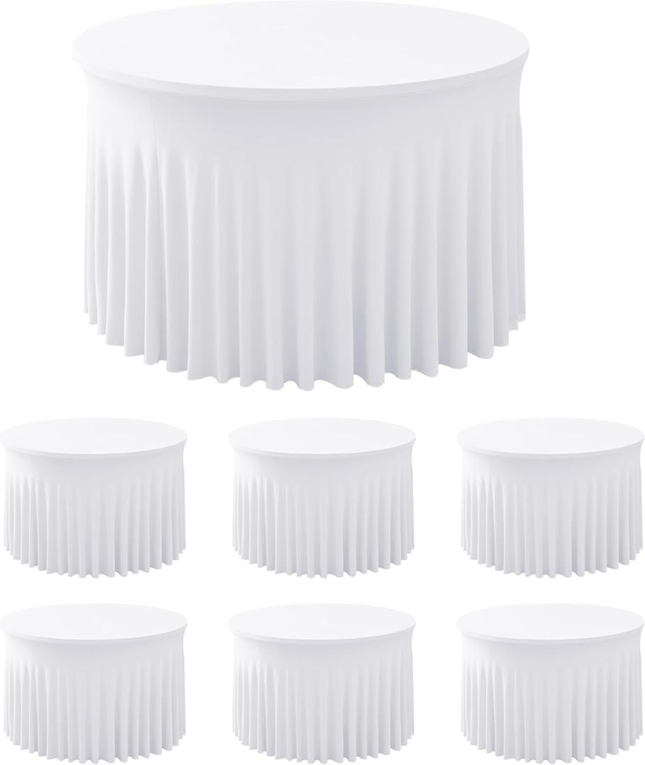 HolidayIdeas 6 Pack Spandex Table Skirt for 60 Inch Round Tables, White Fitted Stretch Tablecloth for 5 Ft Wedding Tables, Wrinkle Resistant Ruffle Design for Banquets, Baby Showers, Parties