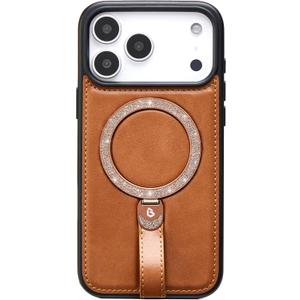 for iPhone 17 Pro Max Case Leather Glitter | iPhone 17 Pro Max Leather Case with Sparkly Shiny Stand Cute Women | Fits for MagSafe (Brown, IP17 Pro Max)