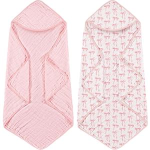 Hahafelt 2 Pcs Pink Bow Baby Hooded Towels for Newborn 100% Muslin Cotton Baby Bath Towel with Hood for Babies Infant Toddler and Kids Large 32x32inch Soft Absorbent Kids Essential Gift