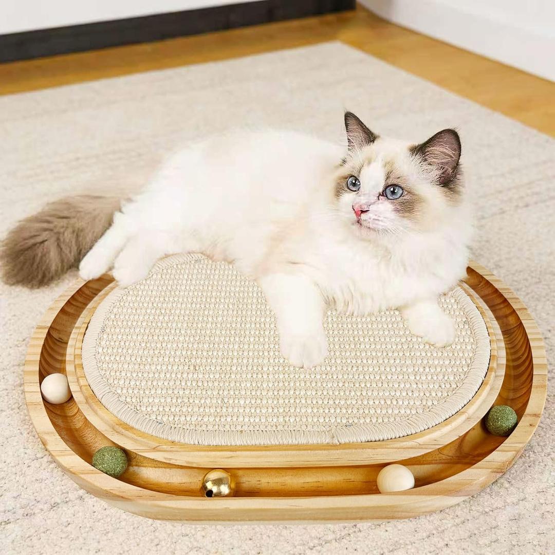 Sisal Cat Scratcher Toy with Ball Track, Interactive Cat Toy for Indoor Cats, Natural Sisal Cat Scratch Pad, Sturdy Solid Wood Frame, Physical Exercise for Kitty and Medium Cat