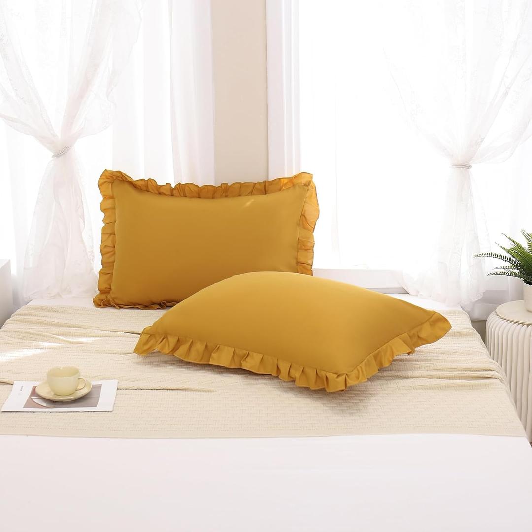 Merryword Mustard Yellow Pillowcases King Pillowcases Set of 2 Ruffle Pillow Shams Cute Pillow Covers Solid Ruffled Fringe Design Yellow Shabby Chic Pillowcases 2 Pack