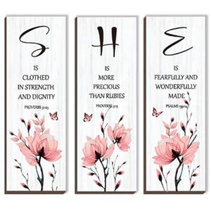 DONFENTHY 3 Pieces Inspirational Pink Floral Wall Decor Wooden Hanging Wall Art Christian Quotes SHE Word Sign Gift for Girl Teen Women Bedroom Bathroom Living Room Nursery Office (Pink 12x4 Inch)