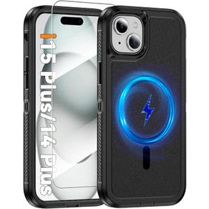 Magnetic Case for iPhone 14+ Plus/15+ Plus [Compatible with Magsafe] [Screen Protector] [Dual Layer Military-Grade Protection] Heavy Duty Shockproof Cover for iPhone 15 Plus/14 Plus 6.7 inch, Black