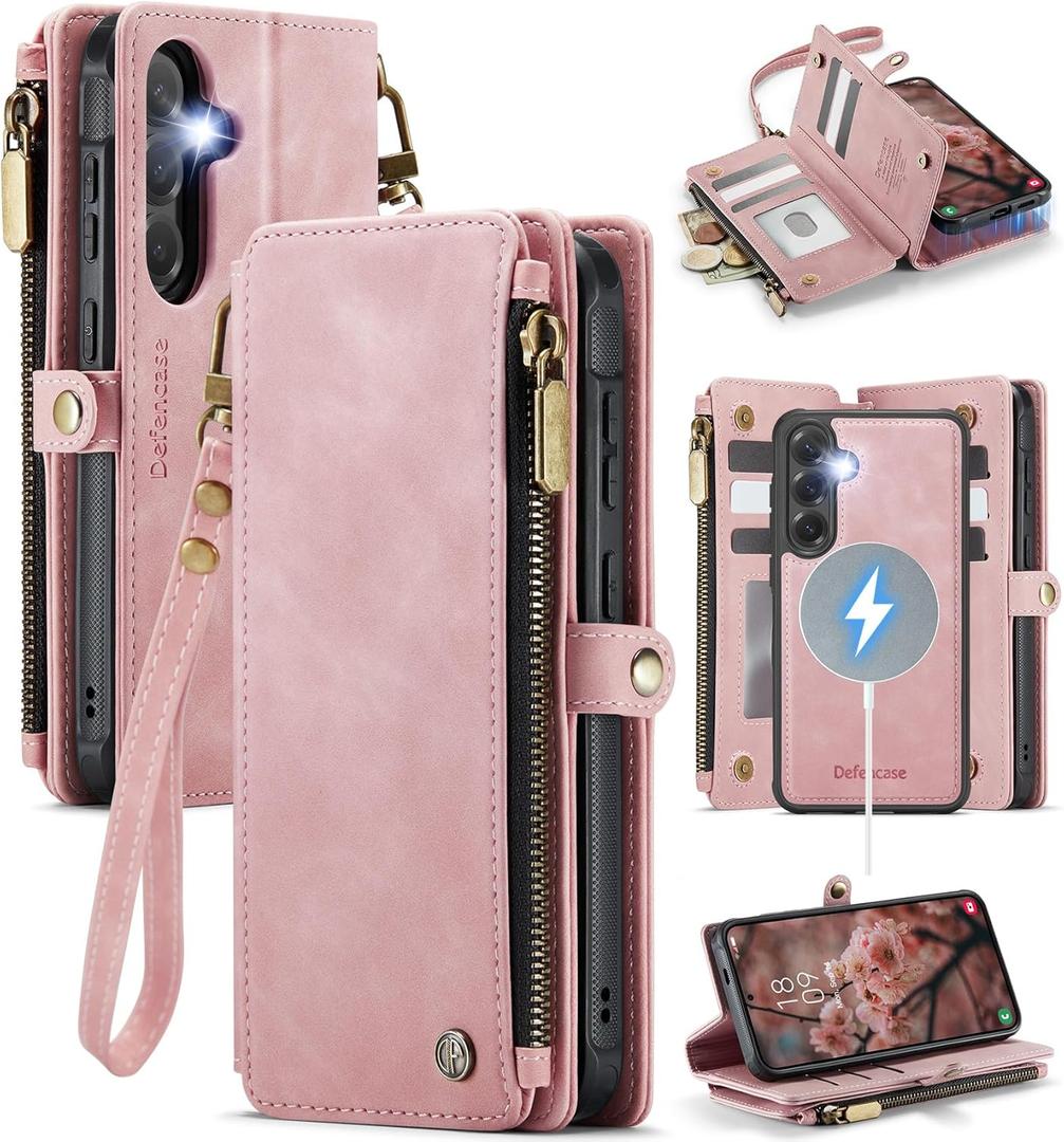 Defencase for Galaxy S25 Magnetic Wallet Case Compatible with Magsafe with RFID Blocking Zipper & Card Holder for Women Men, PU Leather Detachable Phone Case for Samsung Galaxy S25 6.2 inch, Rose Pink