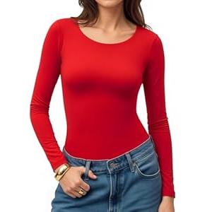 MANGOPOP Womens Tops Long Sleeve Crew Neck t Shirts Double Lined Slim Fitted Lined Tight Basic Tee Shirt (Large, Red)