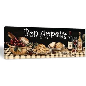 CCWORKERRY Kitchen Wall Art Delicious Food Canvas Prints Wine Glass Pictures Bread Fruit Paintings Dining Room Decor Artwork(Black,8" x 24")