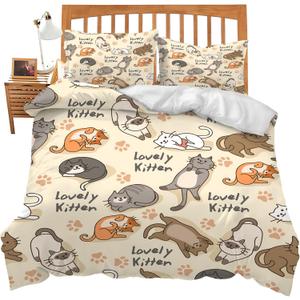 Cute Cat Theme 3 Pieces Duvet Cover Comforter Set with 2 Pillowcase King Size Cat Puppy Bed Sheet Quilt Bedroom Bedding for Lover Kids