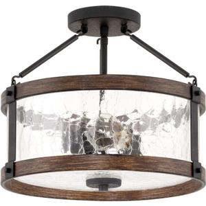 Kira Home Hadley 14" 3-Light Modern Farmhouse Semi-Flush Mount/Hall Light Ceiling Fixture + Crackled Glass Shade, Textured Black + Wood Style Walnut Finish
