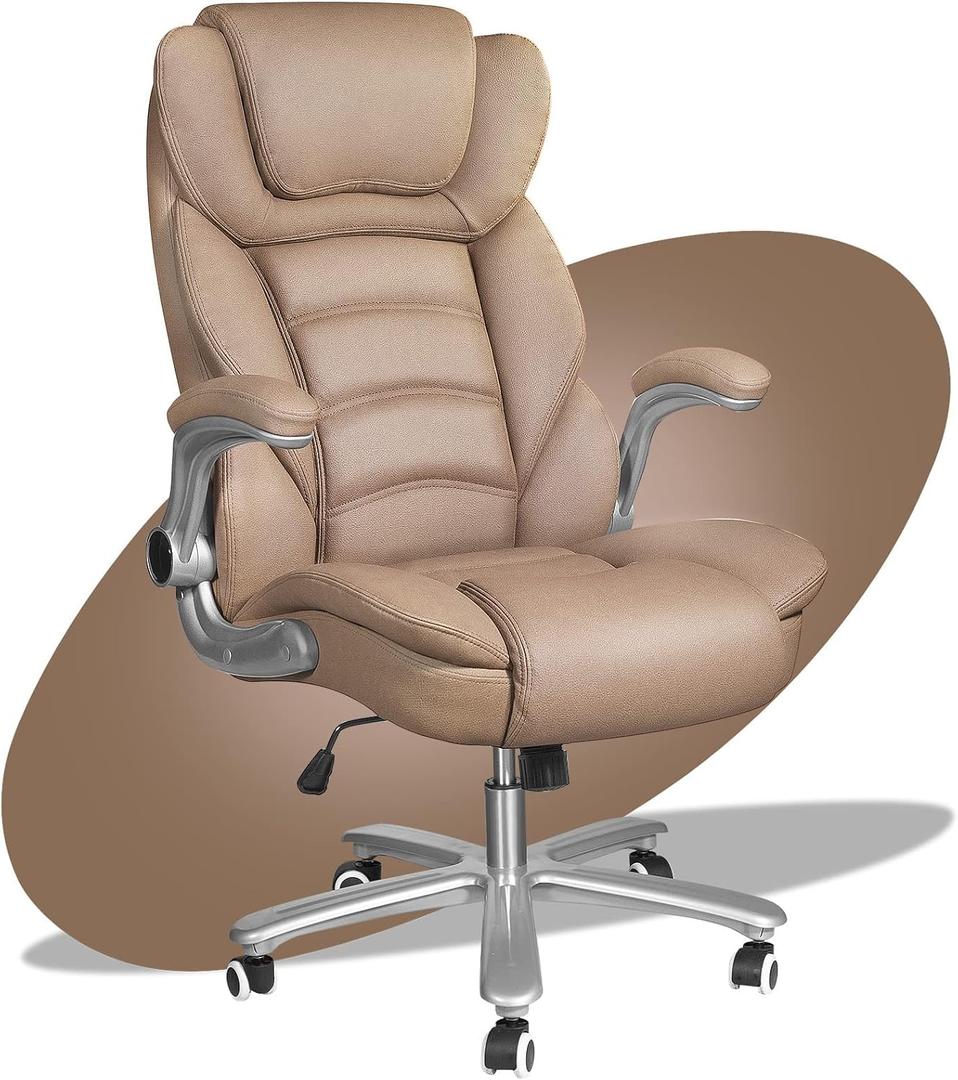 Brown Leather Executive Office Chair, Big and Tall Office Chairs for Heavy People 400lbs Wide Seat, High Back Leather Office Chair Lumbar Support with Adjustable Armrests, Office Desk Chair, Large