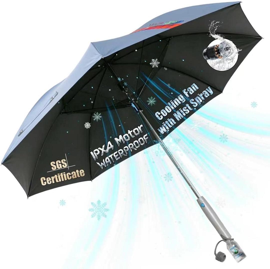 54 inch Golf Umbrella Waterproof with Mister and Fan, Cooling UV Sun Protection Golf Essential, Carry On Bag Airline Approved, Battery Powered