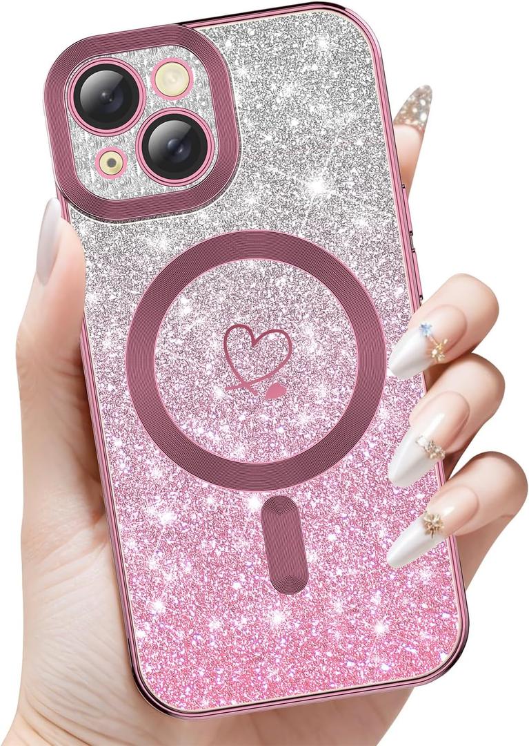 for iPhone 15 Plus case, Compatible with MagSafe, Luxury Plating Heart Pattern Design, Full Camera Lens Protector Soft TPU Protective Phone Case for Women Girls 6.7" (Pink)
