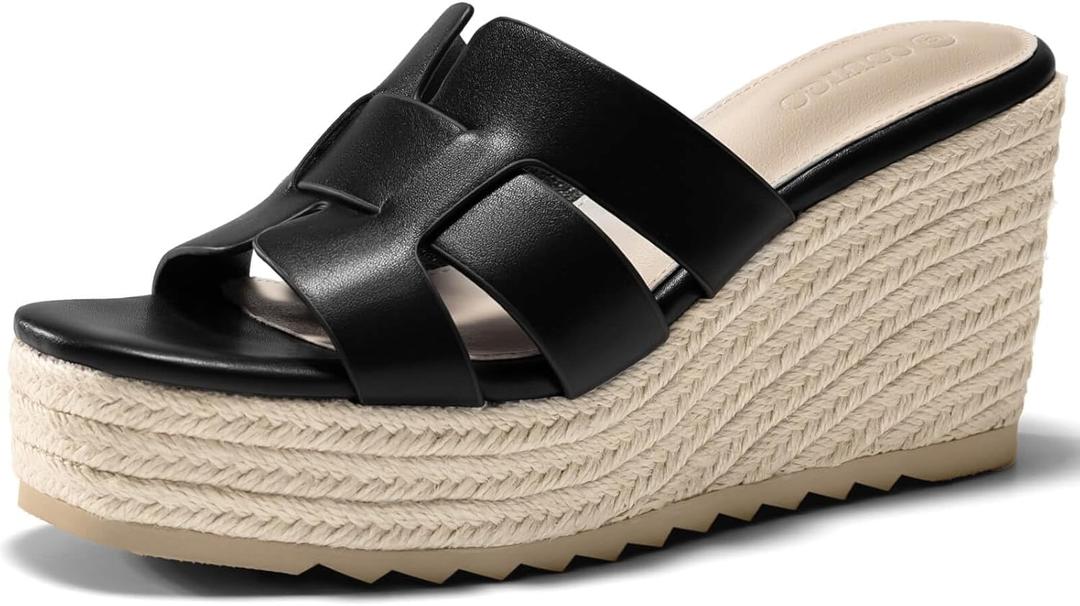 Coutgo Women's Wedge Sandals Platform Espadrille Heels Open Toe Strappy Slip On Casual Summer Slide Shoes (7.5, Black)