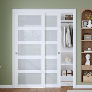 Finosen Bypass Sliding Closet Door Slab, 60 x 80 in (Double 31 inch), 5-Lite Frosted Glass, Barn Door with Hardware Kit Included, Need to Assemble, MDF with PVC Surface, White