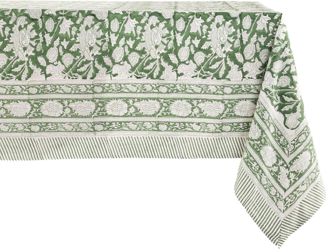 ATOSII Meraki Green 100% Cotton Rectangle Tablecloth, Hand Block Print Washable Table Cover, Dining, Christmas Parties, Outdoors, Weddings, Thanksgiving, Halloween Fall Decor 60 X 108 Inches, 8 Seater