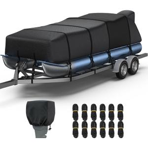 RVMasking Pontoon Boat Cover with Motor Cover, 1400D Heavy Duty Middle Reinforced, Marine Grade Waterproof Boat Cover for Length: 21'-24', Beam Width up to 102", Black