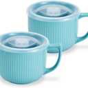 Ceramic Soup Bowl with Handle 32oz  Microwave Ramen Bowl with Lid, Soup Mugs & Cups for Cereal, Oatmeal, Ramen, Instant Noodle, Soup Container with Lid - Set of 2 (Blue)