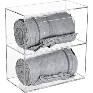 SEANADO Trash Bag Dispenser Roll Holder, 2 Compartment Wall Mount Acrylic Kitchen Double Side Loaded Organizer Storage Box Holder for Garbage and Grocery Bags (10.4 x 5.5 x 11inches)