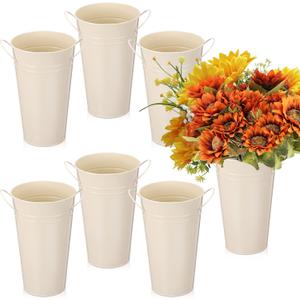 Chumia Flowers Buckets - 6 Pcs Galvanized Metal Vases DIY Bloom Bar Supplies Wedding Party Centerpiece Bridal Bouquet Pail with Handle Rustic French Tin Planter Floral Buckets(White,9.8 Inch)