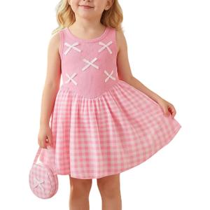 Toddler Girls Dresses Summer Sleeveless Bubble Dress Kids Crew Neck Sling Sundress with Headband and Handbag 2-8Y