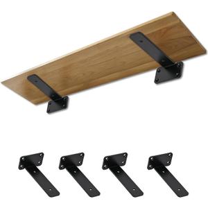 6 Inch Heavy Duty Shelf Brackets (4-Pack), Black Steel Floating Shelf Supports, Easy Installation Metal L Brackets for Wall Shelves, DIY Home & Office Organization (Black)