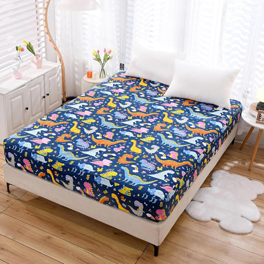 Bedding Fitted Sheet with Deep Pocket for Boys Girls Full Size Bed, Dino Printed Thicken Fabric Bed Sheets, Navy Blue (Dinosaur), Full