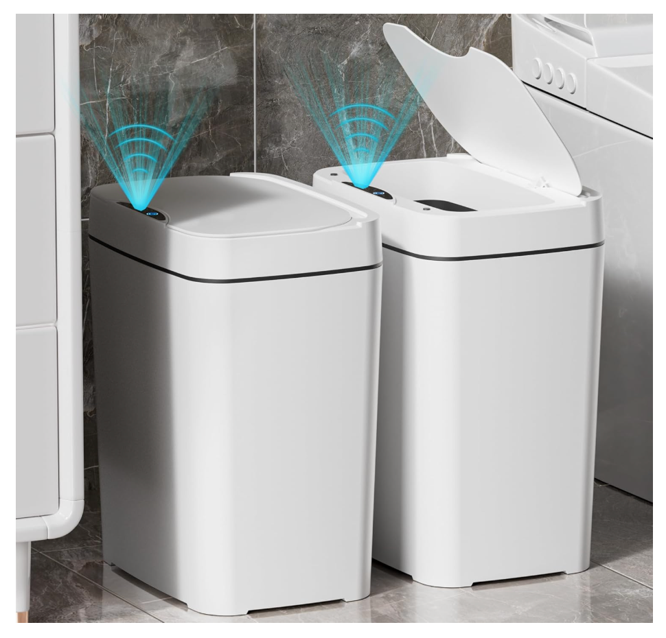 2 Pack 2.7 Gal Bathroom Trash Can with Lid, Automatic Trash Can Small Smart Garbage Can Touchless, Slim Motion Sensor Waterproof Plastic Trash Bins for Bedroom Office Kitchen Toilet